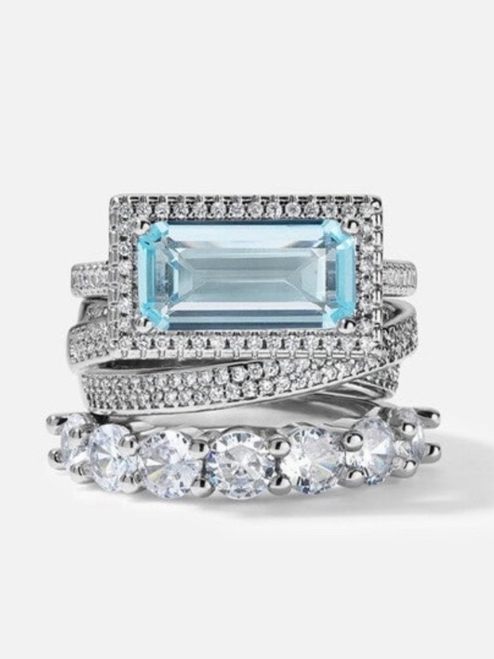 New Aquamarine Blue & Diamond 3 Ring Statement Stacked Ring Stack Set Size 7